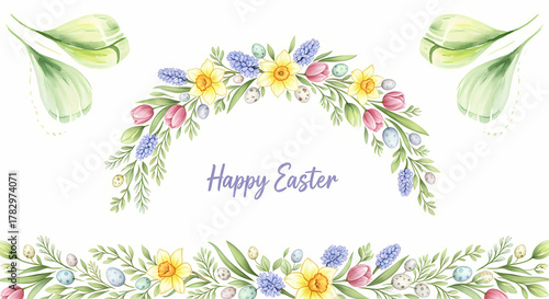 Fototapeta Naklejka Na Ścianę i Meble -  Watercolor Easter Floral Arrangement with Daffodils and Hyacinths.