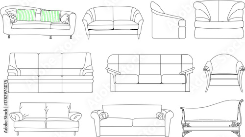 Detailed line art vector set of various sofa and couch designs in elevation view, including modern and classic styles for interior concepts.