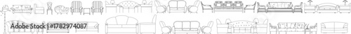 Line art vector set of various upholstered seating furniture: sofas, couches, and armchairs in elevation view for interior design.