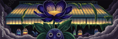 Magical Nighttime Greenhouse with Glowing Purple Flower, Fantasy Vines, and Potion Jars, Surreal Botanical Illustration
