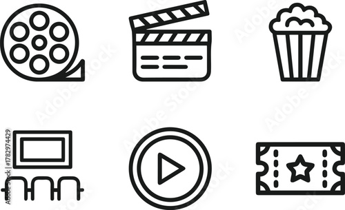 Minimalist Cinema and Movie Line Art Icons Set – Film Reel, Clapperboard, Popcorn, Ticket, Play Button, and Theater Vector Illustration