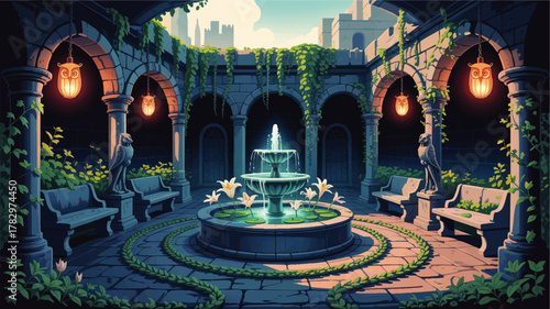 Enchanted Medieval Courtyard Garden with Fountain, Ivy, Stone Benches, and Soft Lantern Light – Fantasy Illustration Background