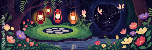Magical Enchanted Forest with Hanging Lanterns, Glowing Butterflies, Colorful Flowers, Night Fantasy Stream and Cave – Vector Illustration