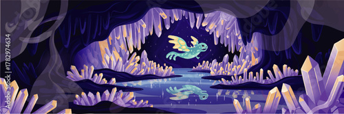 Magical Fantasy Crystal Cave with Flying Dragon Creature, Colorful Gemstones, Reflections and Mystical Underground Lake Cartoon Illustration