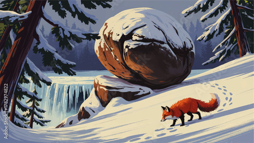 Majestic Red Fox Walking Across Snowy Winter Forest Landscape With Waterfall, Pine Trees, and Rocky Cliff at Sunrise – Nature Illustration