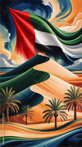 Vibrant UAE Flag Waving Over Colorful Desert Dunes with Palm Trees and Dramatic Sky – Artistic Middle Eastern Illustration