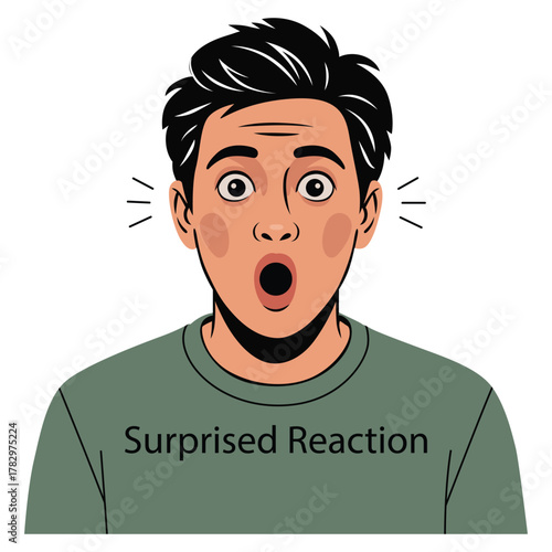 A startled young man displays a shocked and surprised expression