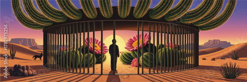 Surreal Desert Landscape Illustration with Giant Cactus Cage, Blossoming Flowers, Lone Figure, and Vibrant Sunset Scenery