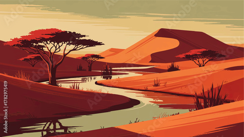 Vibrant African Savanna Landscape Illustration with Acacia Trees, Flowing River, Sand Dunes, Warm Colors and Serene Sunset