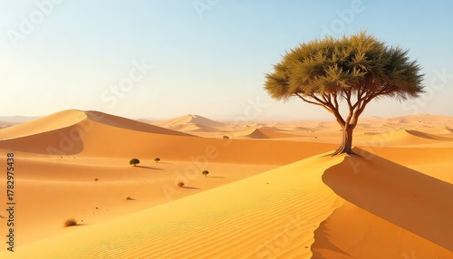 A lone tree stands on a sand dune in a vast desert landscape under a clear blue sky at golden hour