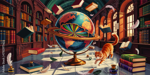 Magical Library with Globe and Flying Books, Playful Cat, Feathers, Ink Bottles, Sunlight – Fantasy Education Adventure Illustration