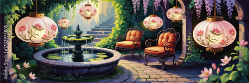 Romantic Garden Courtyard with Flower Lanterns, Water Fountain, and Vintage Chairs at Twilight – Peaceful Outdoor Retreat Illustration