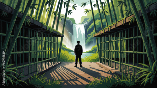 Tranquil Bamboo Forest Pathway with Silhouette Man and Waterfall, Serene Nature Landscape Vector Illustration