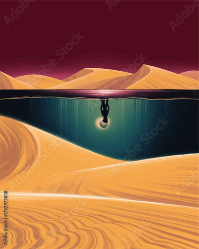 Surreal Desert Landscape Illustration With Reflected Silhouette and Abstract Water, Fantasy Night Sand Dunes, Imagination Concept Art