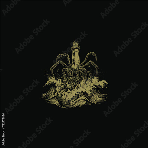 engraving-style vector illustration featuring a monstrous tarantula integrated with a coastal lighthouse