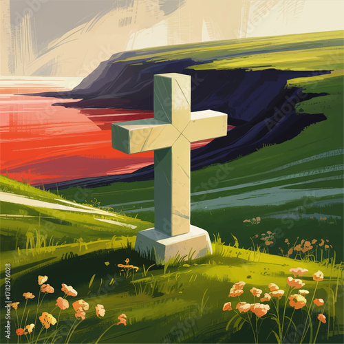 Stone Cross on Coastal Clifftop at Sunset, Green Hills and Wildflowers, Tranquil Religious Landscape Illustration