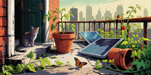 Tabby Cat on Urban Balcony with Solar Panels, Potted Tomato Plants, and Butterfly—Sustainable City Living, Green Energy Illustration
