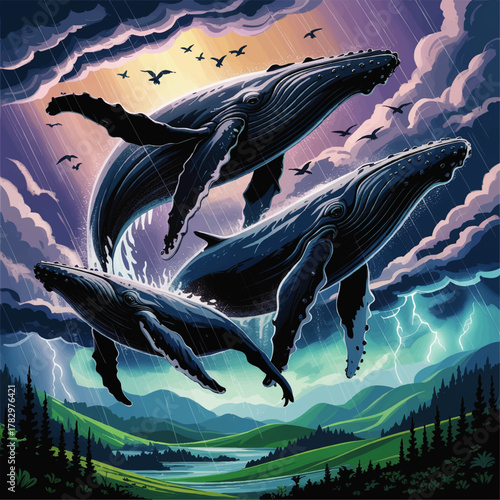 Majestic Humpback Whales Leaping Over Vibrant Landscape During Storm – Surreal Nature Illustration with Lightning and Birds