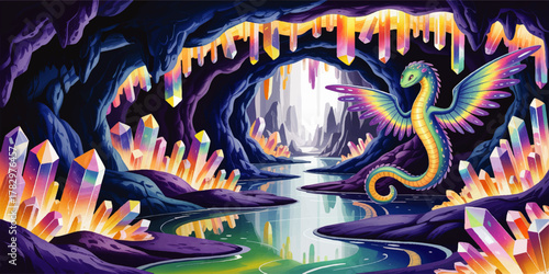 Fantasy Crystal Cave with Colorful Winged Serpent, Vibrant Gemstone Stalactites and Magical Underground River, Mystical Adventure Illustration