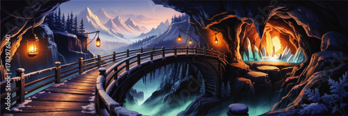 Fantasy Winter Bridge Over Glacier River with Lanterns and Magical Crystal Cave in Snowy Mountain Landscape, Digital Art Illustration