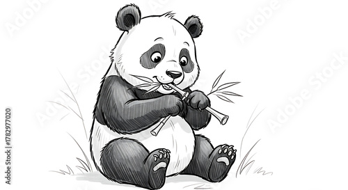 A cute baby panda cub sitting and happily eating bamboo shoots in a grassy field, black and white sketch illustration.