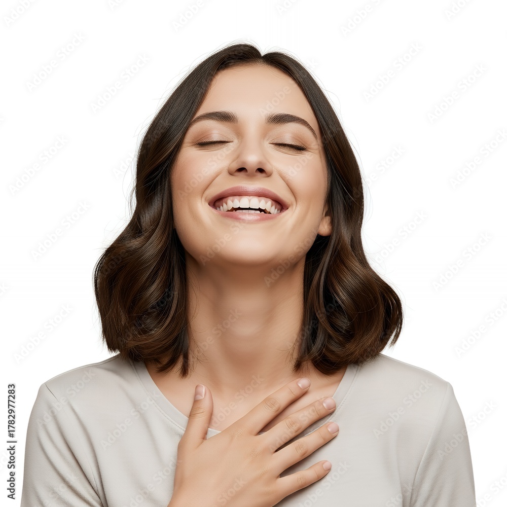 Fototapeta premium Happy young woman with hand on chest, exhaling with relief and satisfaction