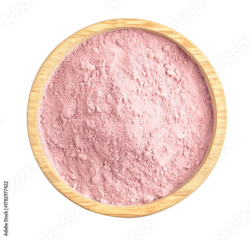 pink clay powder in wooden bowl on white background