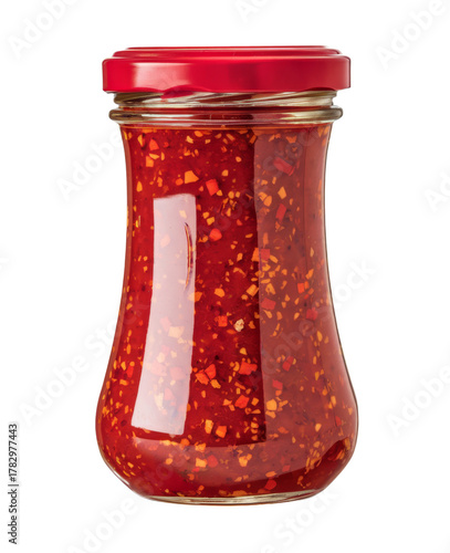 chili oil jar with red lid on white background.