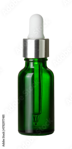 green glass dropper bottle on white background.