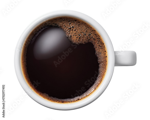 top view of black coffee in white cup isolated on background.