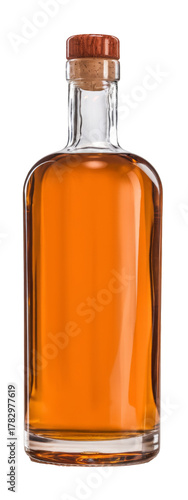 liquor bottle with amber liquid on white background