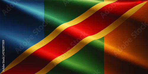 Realistic Wavy Republic of the Congo Flag Illustration – Vibrant Red Green Yellow Diagonal Stripe Banner Background