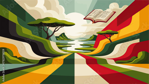 Surreal Abstract Landscape Illustration with Flying Open Book, Vibrant Stripes, African Trees, and River Under Sunny Sky