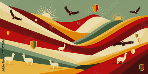 Majestic Andean Landscape Illustration with Llamas, Eagles, Colorful Geometric Hills, and Sunbursts – Modern South American Art