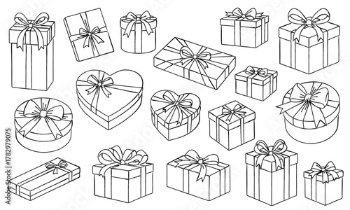 ギフトボックス（プレゼント）の線画イラストセット,リボン,贈り物,お祝い,誕生日,ベクター