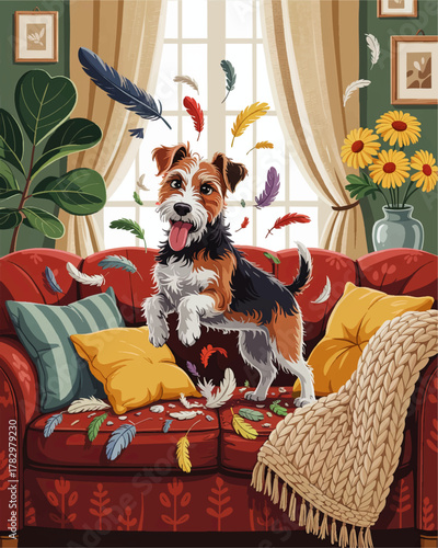 Playful Terrier Dog on Red Sofa with Colorful Feathers in Cozy Living Room, Cartoon Style Home Interior Illustration