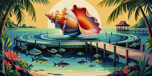 Vibrant Tropical Seascape with Giant Conch Shell, Palm Trees, Colorful Fish, Sunset, and Dock – Exotic Ocean Paradise Illustration