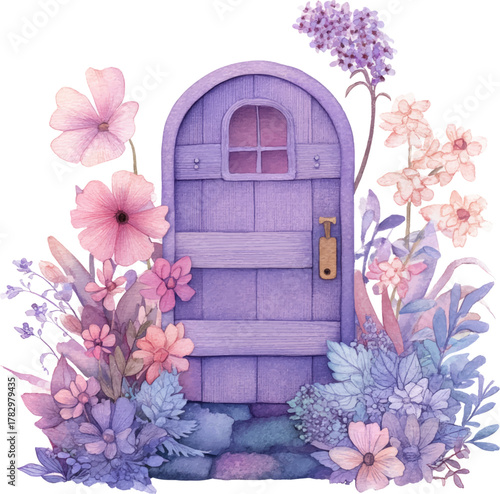 
Cute, whimsical fairy door with flowers, in a soft purple pastel color palette, isolated on a white background. 