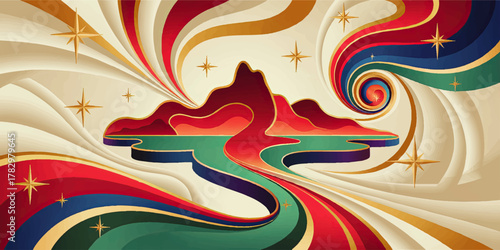 Vibrant Retro Abstract Landscape with Colorful Swirls, Starbursts, Mountains, and Cosmic River in Pop Art Style