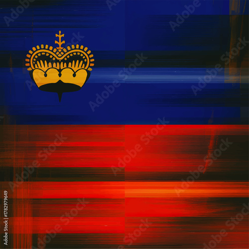 Abstract Artistic Liechtenstein Flag Illustration – Grunge Brush Strokes, Royal Crown, Vibrant Red and Blue Modern Art
