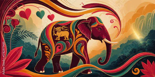 Vibrant Sri Lankan Elephant Illustration with Ornate Patterns, Royal Lion Symbol, Jungle Scenery, and Tropical Foliage