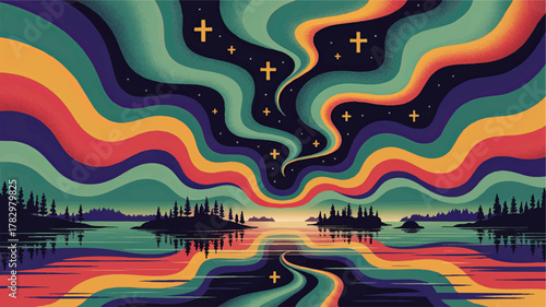 Vibrant Northern Lights Over Lake With Pine Trees, Colorful Abstract Aurora Borealis Night Sky, Stunning Vector Landscape Art