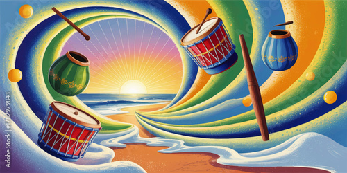 Vibrant Sunrise Beach Scene with Abstract Drums, Percussion, and Colorful Waves – Musical Fantasy Landscape Illustration