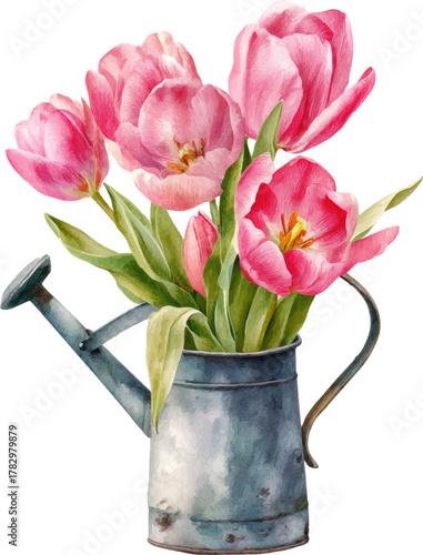
Watercolor pink tulips in an old watering can, rustic farmhouse style, clipart isolated on a white background.

