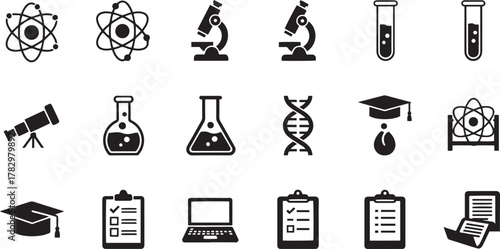 Medical and laboratory equipment icon set in black vector silhouette style