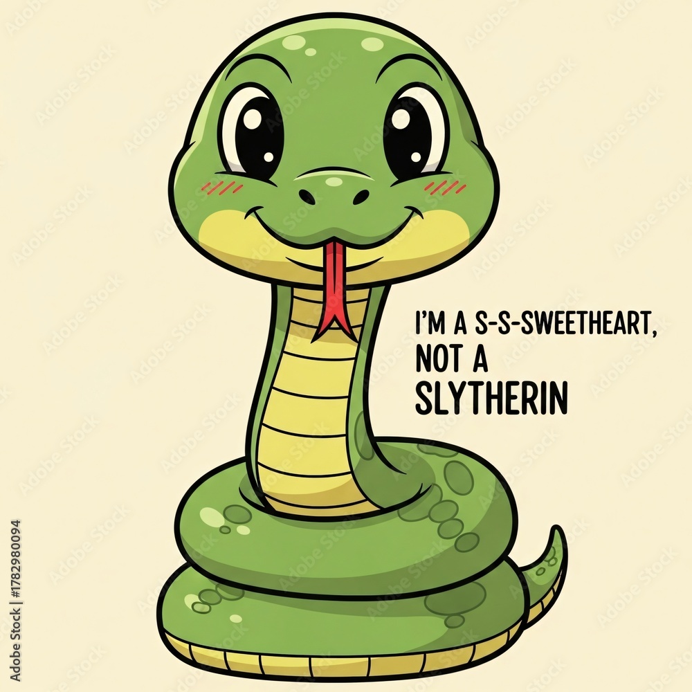 Fototapeta premium Cute cartoon green snake with big eyes and a red tongue sticking out, coiled up and smiling, with text that says im a sssweetheart, not a slytherin
