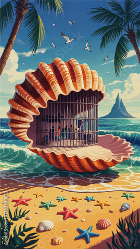 Surreal Tropical Beach Scene with Giant Clamshell Cage, People Inside, Palm Trees, Starfish, Ocean Waves, and Island in Background