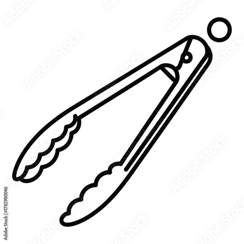 Stylized kitchen tongs illustration black line drawing on white background