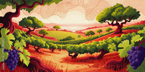 Vibrant Vineyard Landscape Illustration with Rolling Hills, Grapevines, Purple Grapes, and Lush Trees at Sunset for Wine Themes