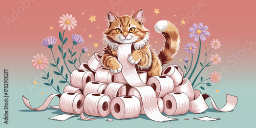 Cute Fluffy Cat Playing with Toilet Paper Rolls Surrounded by Flowers and Stars on Pastel Gradient Background Illustration